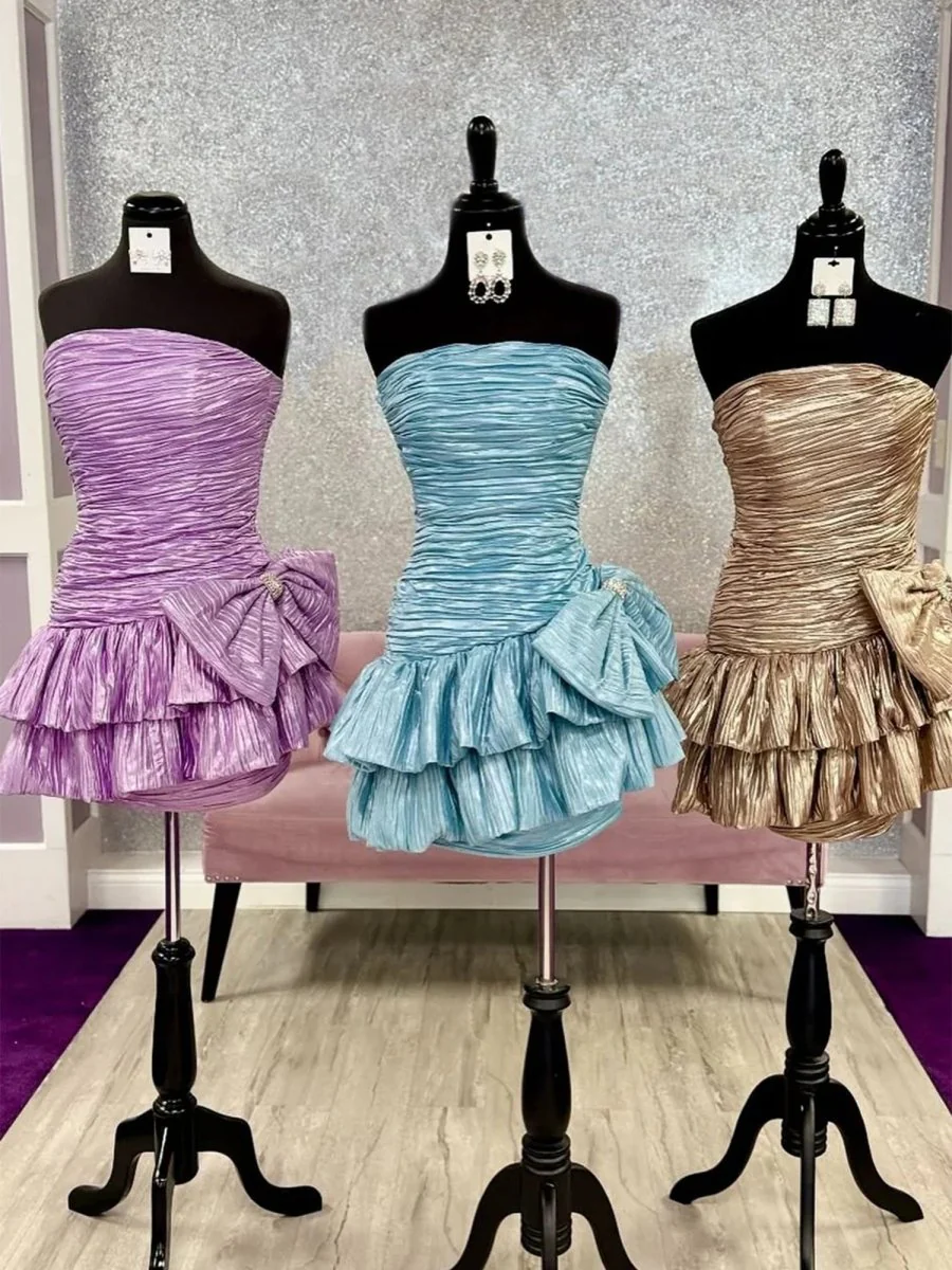 Gold - A Line Strapless Pleats Short Homecoming Dress with Bow