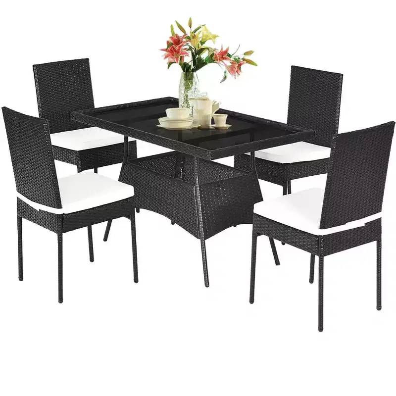 Costway 5PCS Patio Rattan Dining Set Table w/Glass Top Garden Furniture