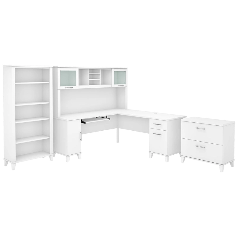 Somerset 72W L Shaped Desk with Hutch, Cabinet and Bookcase in Gray