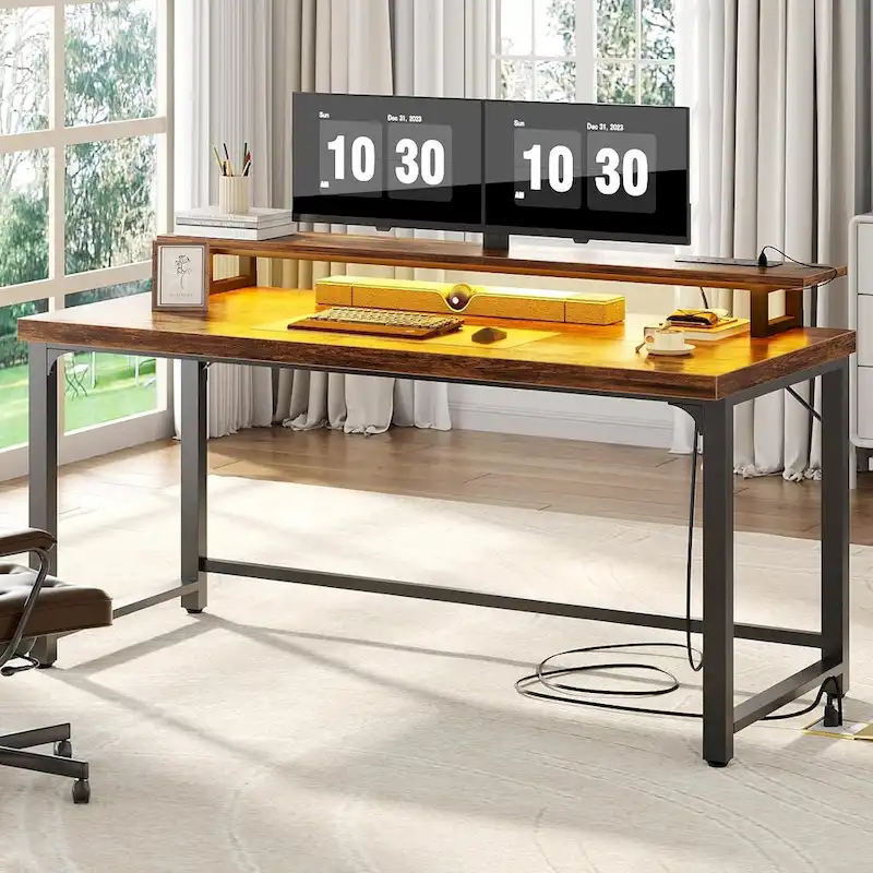 55 Inch Computer Desk with Socket and LED Light,Home Office Desk with 1.5 inch Thickened desktop,Writing Study Gaming Table