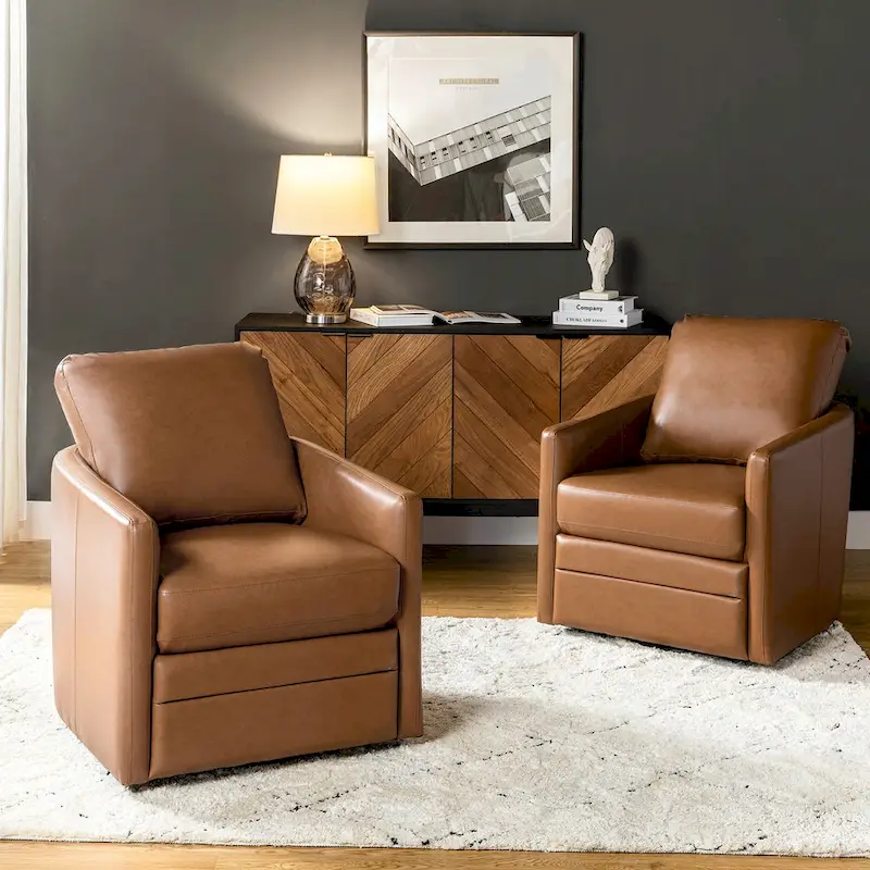 Terrance Transitional Swivel Faux Leather Barrel Chair with Metal Base Set of 2