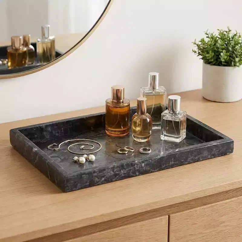 Elegant Natural Marble Jewelry Tray Organizer, Mom's Day Gift Genuine Marble Stone Tray for Vanity Bathroom Home Decor