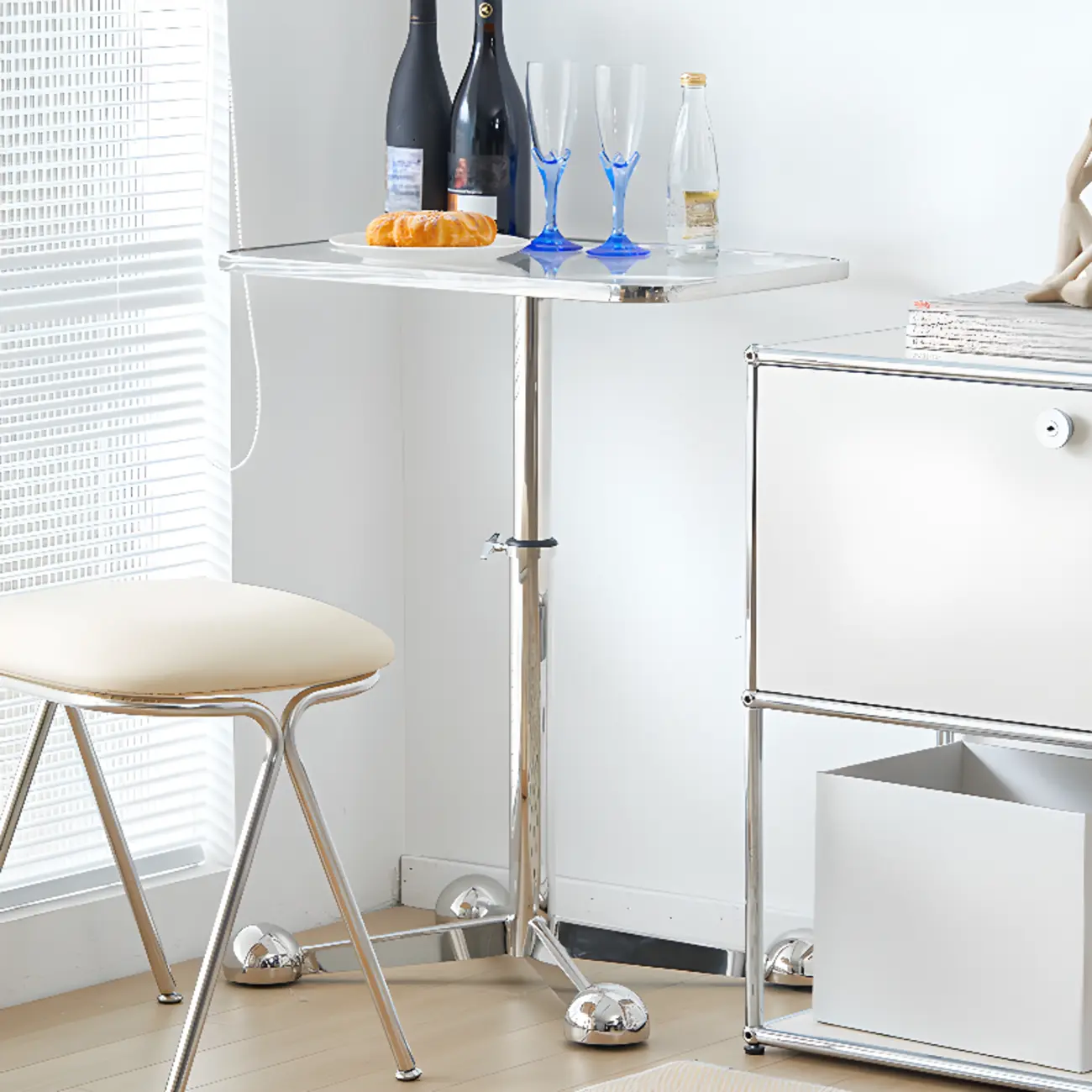 Adjustable Glass Side Table with Wheels and Metal Legs