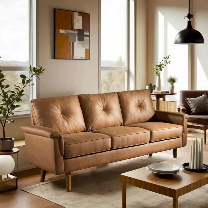 Mid-Century 3-Seat Upholstered Sofa with Wood Legs