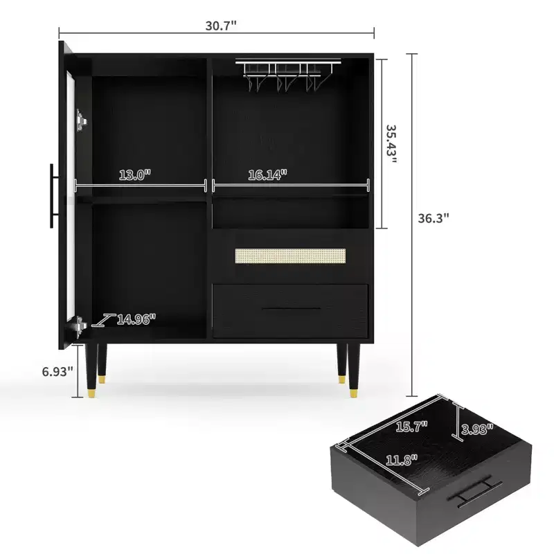 30.7 Coffee Bar Cabinet with Tempered-Glass Door, 3-Row Wine-Glass Rack, Bottle & Drawer Storage, Buffet Sideboard for Dining Room & Kitchen