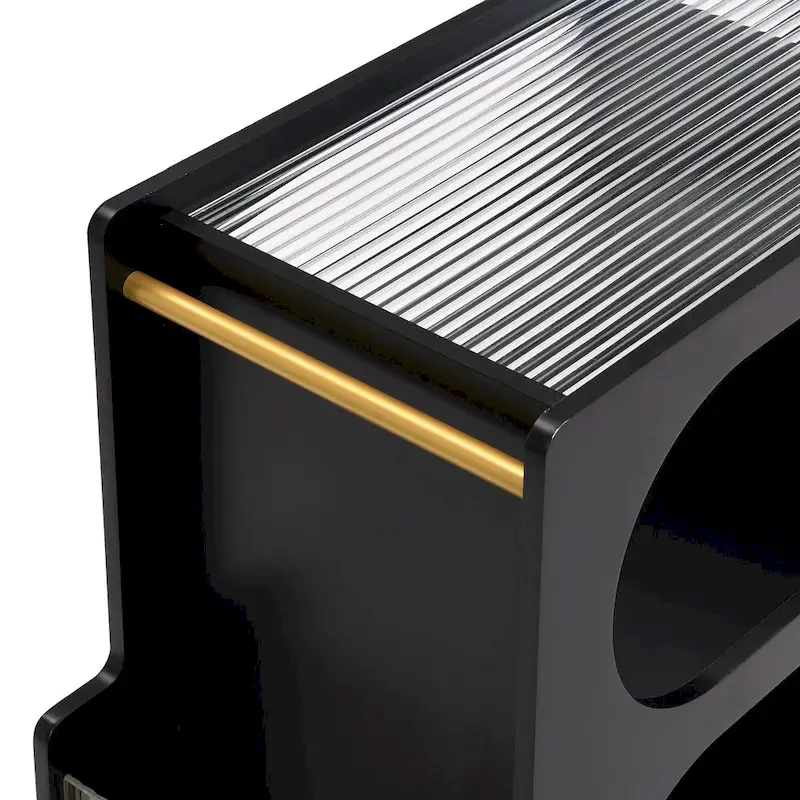 31.5  Modern Mobile End Table with 5mm Thick Fluted Tempered Glass, Lockable Wheels and Golden Round Rod