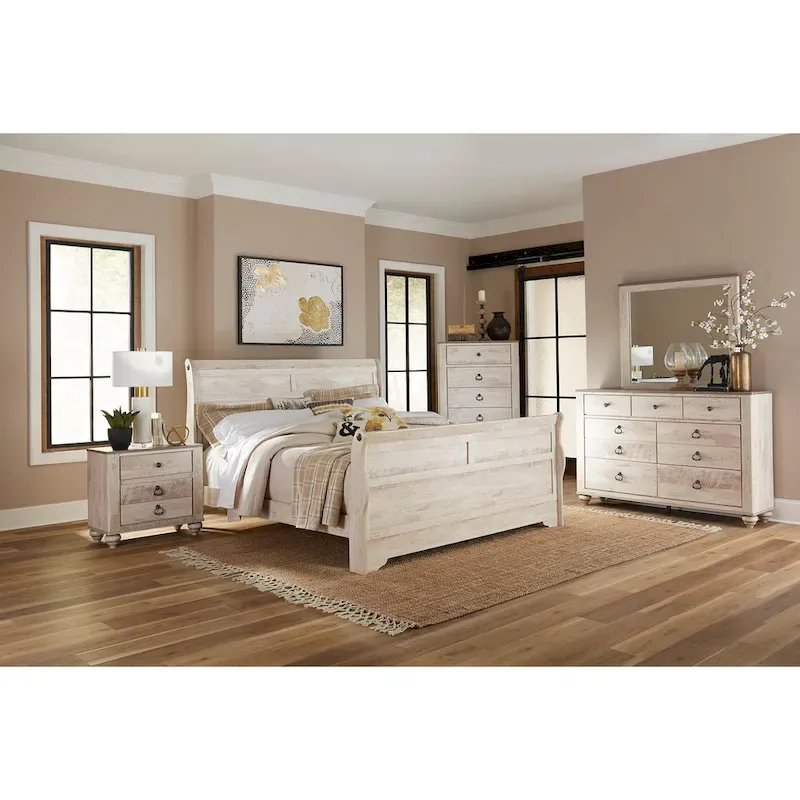 Imerland Contemporary White Wash Finish Bedroom with Sleigh Bed, Dresser, Mirror, Nightstand, Chest