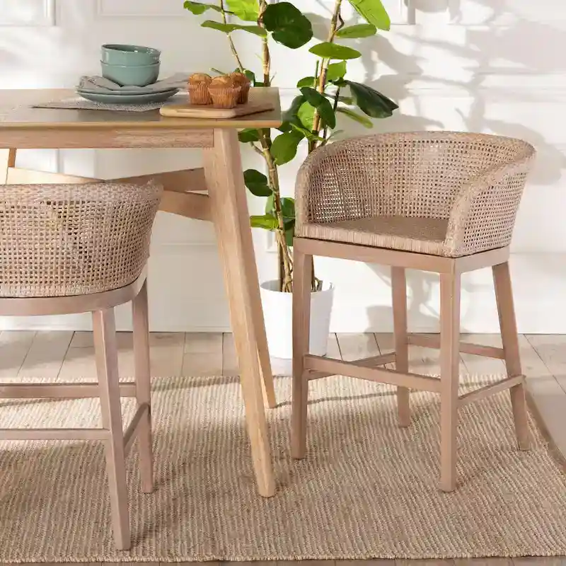 Papua Modern Bohemian Natural Rattan and Acacia Wood Counter Stool