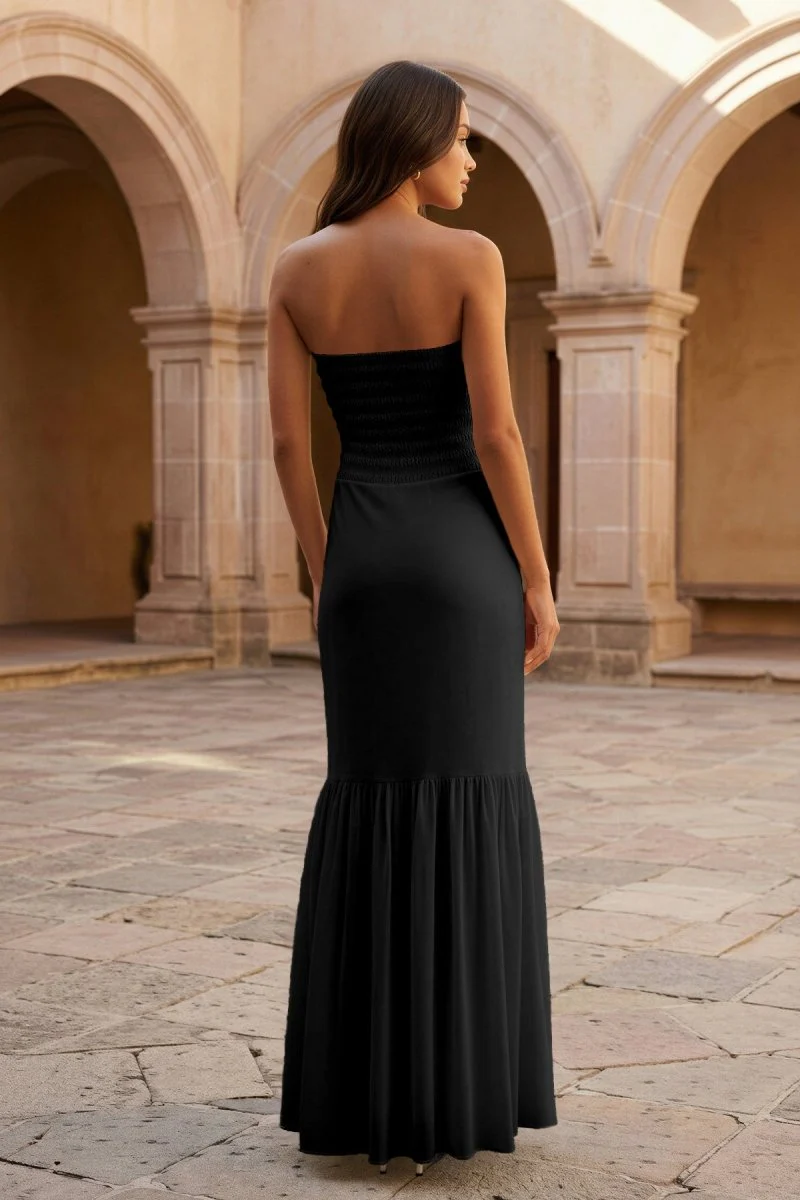 Yellow Strapless Sheath Chiffon Long Prom Dresses With Ruffles