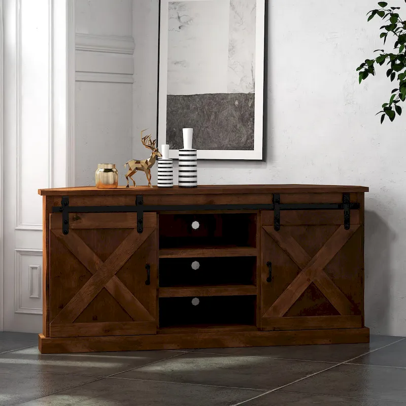Farmhouse 66 inch Corner TV Stand for TVs up to 80 inches, No Assembly Required, Aged Whiskey Finish