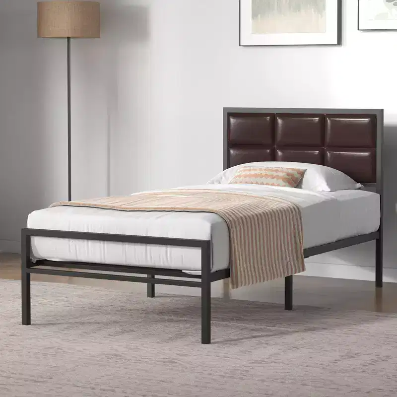 GustoWave Metal Bed Frame, Heavy Duty Metal Bed Platform w/Faux Leather Upholstered Chocolate Headboard, 10 in Under Bed Storage
