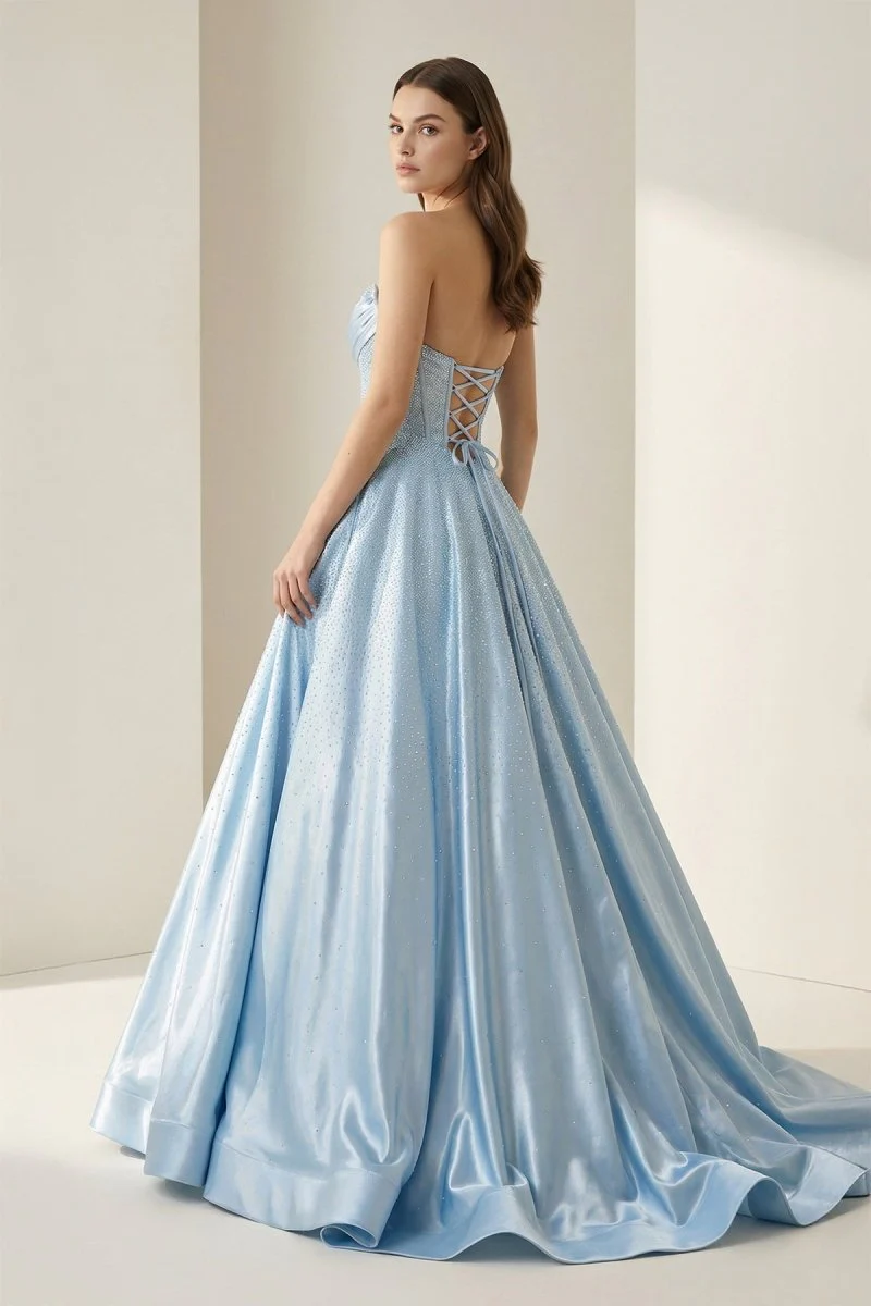 Sky Blue - Strapless A Line Satin Beaded Long Prom Dresses With Pockets