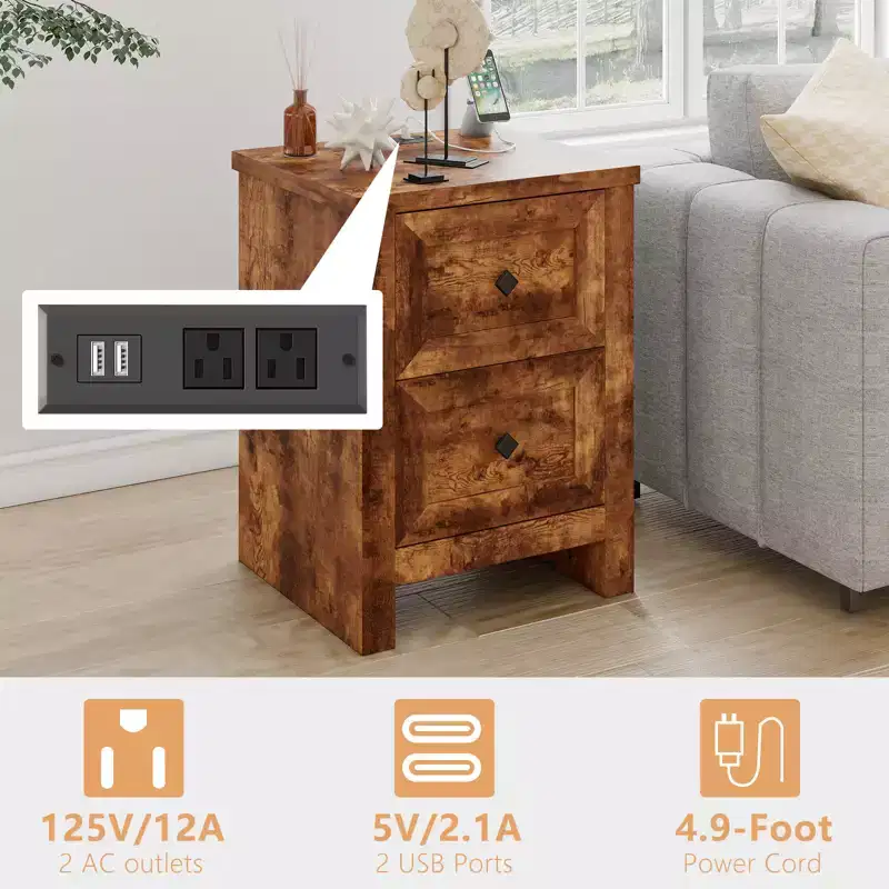 AMERLIFE Nightstand Set of 2 with Charging Station