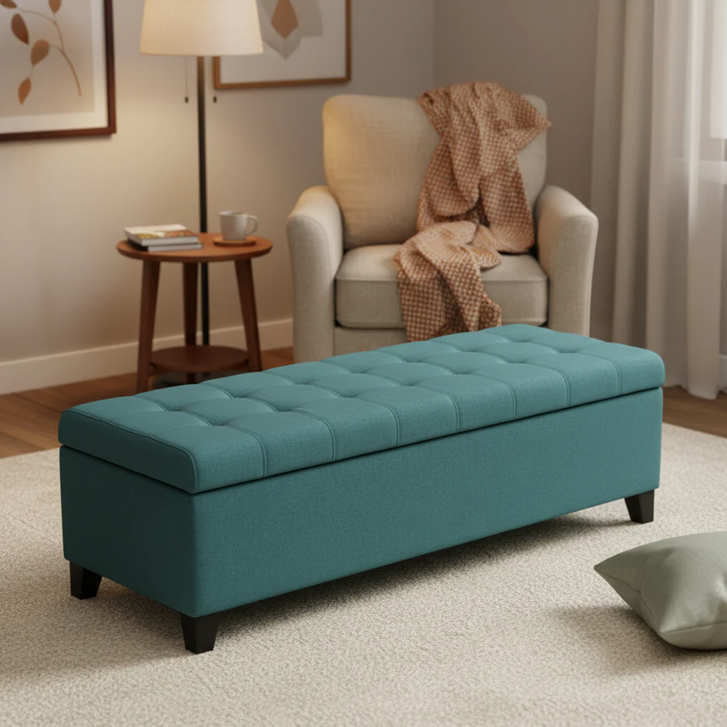 Storage Ottoman Bench, Button Tufted Teal Blue Fabric, 51 Inch