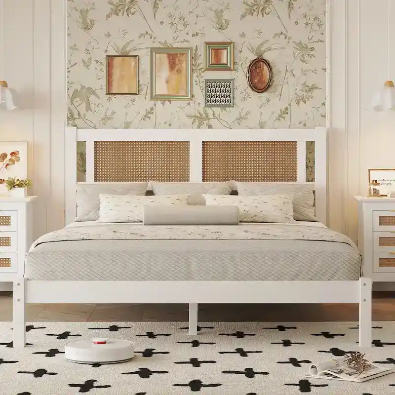 White / Black Rattan Headboard Platform Bed – Full & Queen – 1 or 2 Person