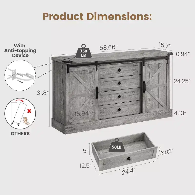 Acekool Farmhouse Coffee Bar Cabinet, 58.66 Buffet Sideboard with Drawers, Barn Doors for Kitchen or Living Room