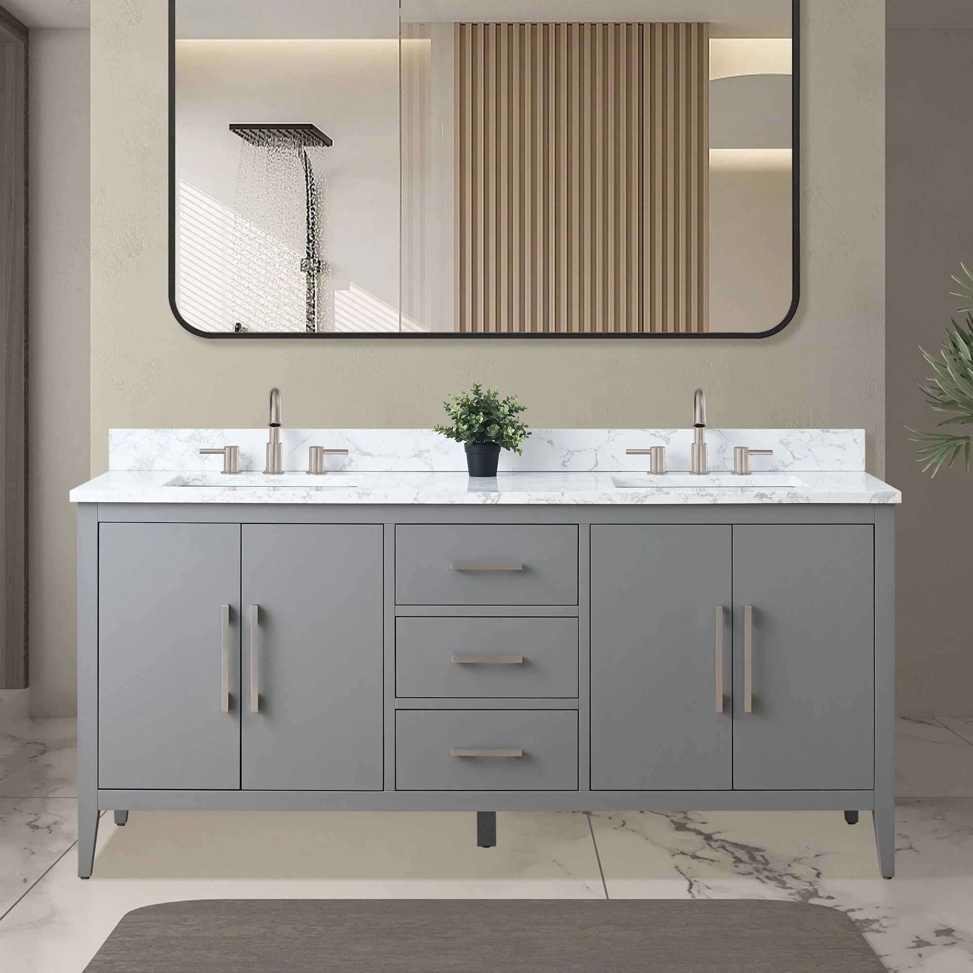 Vanity Art 72 Double Sink Bathroom Vanity Cabinet with Engineered Marble Top