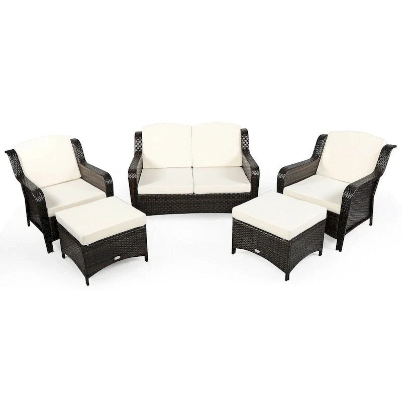 5 Pieces Patio Rattan Sofa Set with Cushion and Ottoman - 51 x 33.5 x 33 (L x W x H)