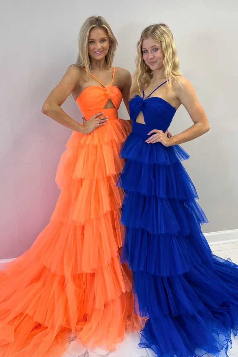 Blue Print Halter Keyhole Ruffle Tiered Long Prom Dress