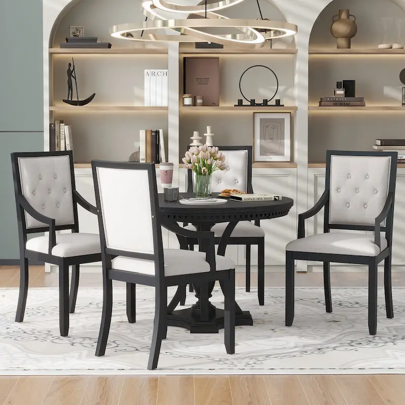 Retro 5-piece Dining Set with Extendable Round Table and 4 Chairs