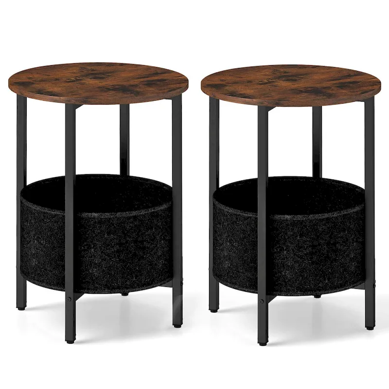 Brown & Black Round Side Table with Felt Basket, X-Frame | 1 or 2 PCS