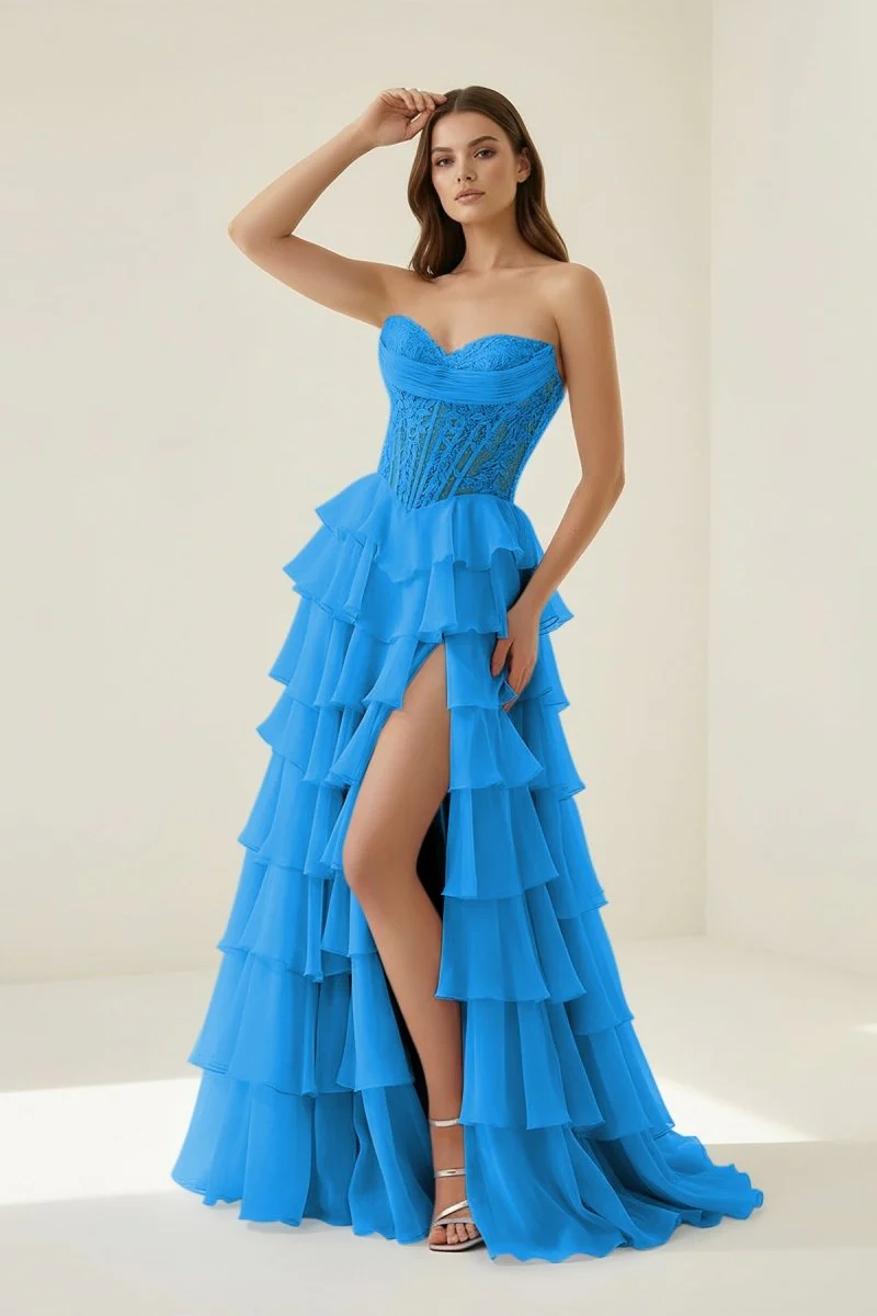 Azure - Strapless A Line Chiffon Ruffled Prom Dresses With Appliques