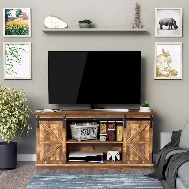 White / Espresso / Oak Farmhouse Barn Door TV Stand, 2-Shelf, Fits TVs up to 65