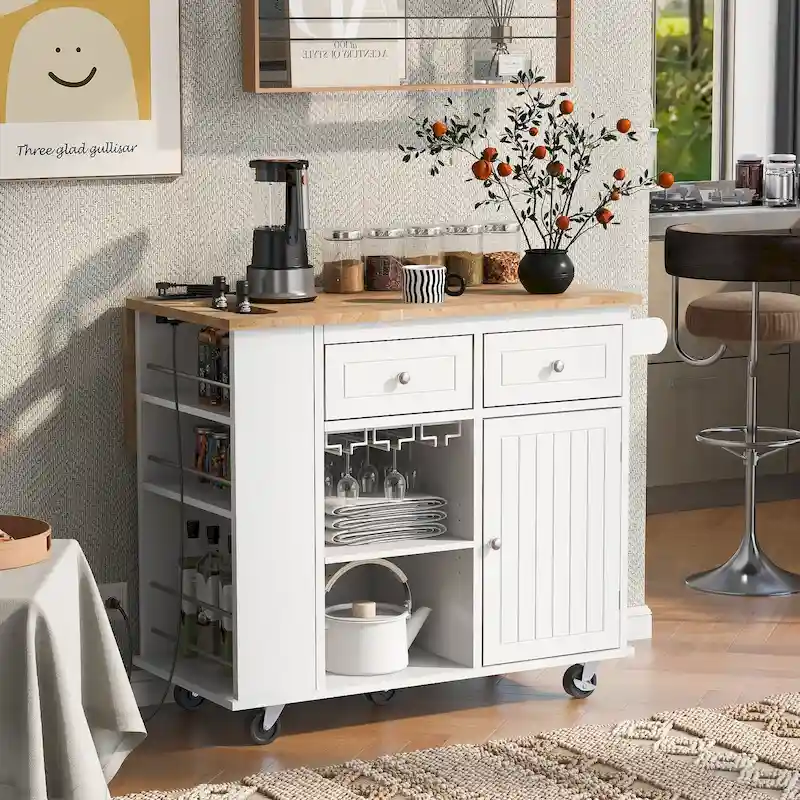 Adjustable Shelves Kitchen Island with Power Outlet and Drop Leaf