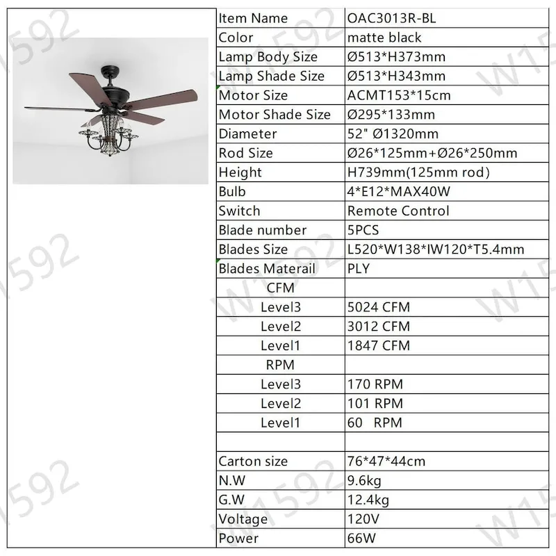 Cusp Barn 52in. Modern Industrial Crystal Ceiling Fan with Lights, Matte Black 3-Speed Reversible Ceiling Fan Light with Remote