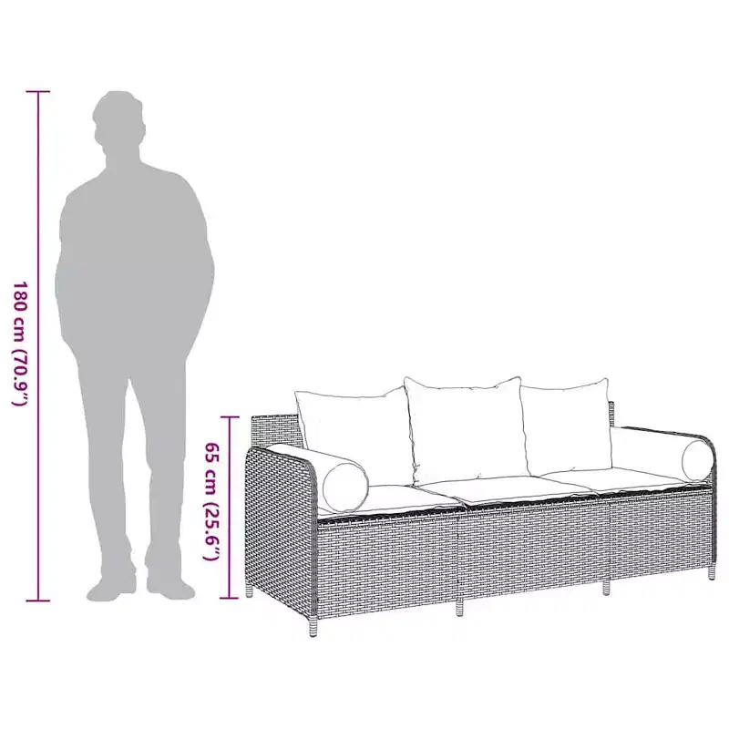 vidaXL Patio Sofa with Cushions 3-Seater Brown Poly Rattan