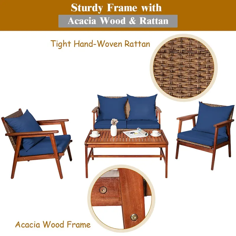 Costway 8PCS Patio Rattan Furniture Set Acacia Wood Frame Cushioned