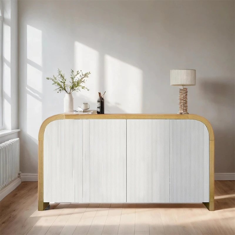 Wood Curved Corner Cabinet with Adjustable Shelves and 4 Door