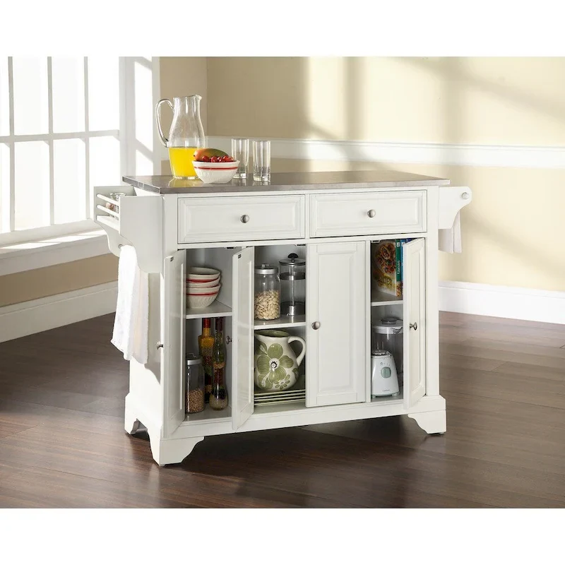 White Stationary Kitchen Island with Stainless Steel Top, 1-2 Person