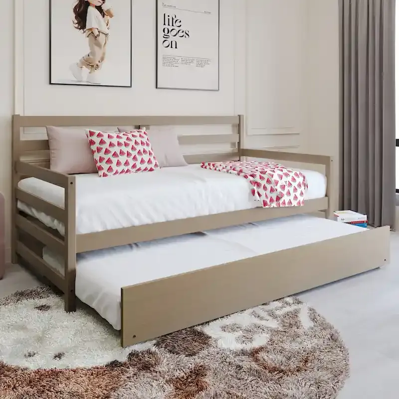 White/Walnut/Black/Light Oak/Antique Grey Railing-Style Twin Daybed with Trundle