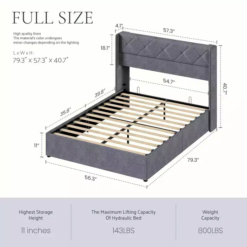 JIONJOY Grey Upholstered Storage Bed Frame, 800 lbs Heavy Duty, 11 Underbed Storage, Noise-Free, Solid Wood, No Box Spring Needed, Easy Assembly-Full