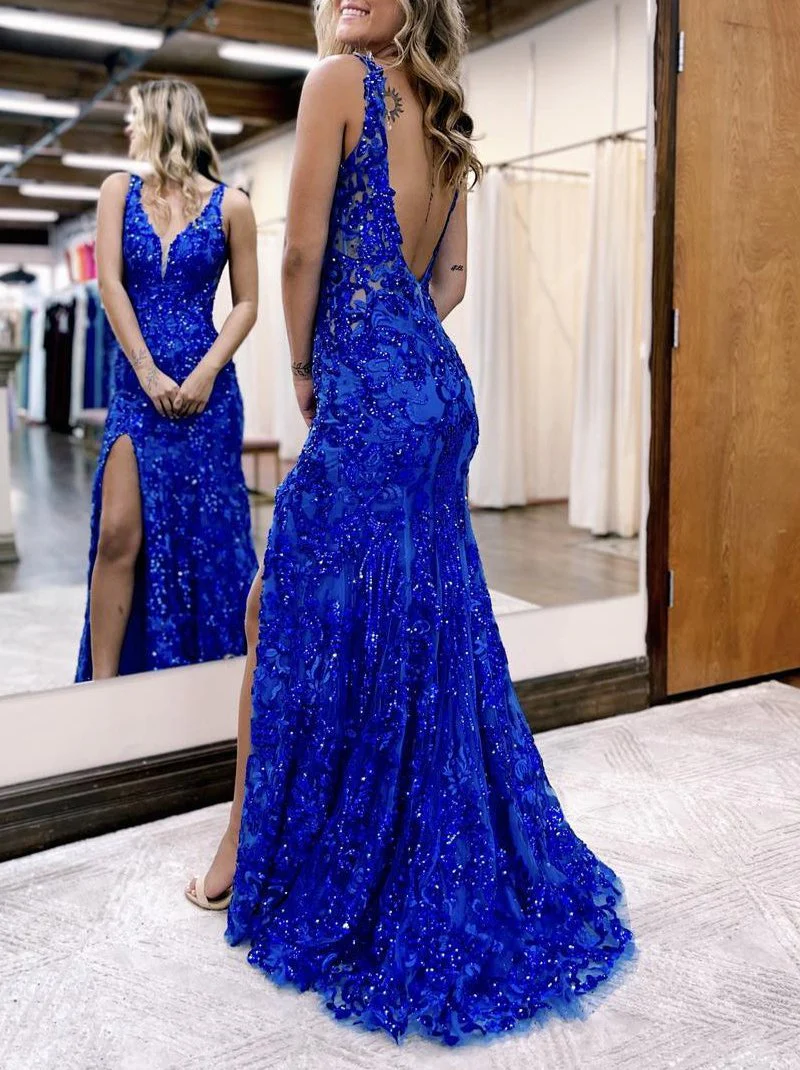 Mermaid V Neck Sequined Lace Prom Dress with Slit