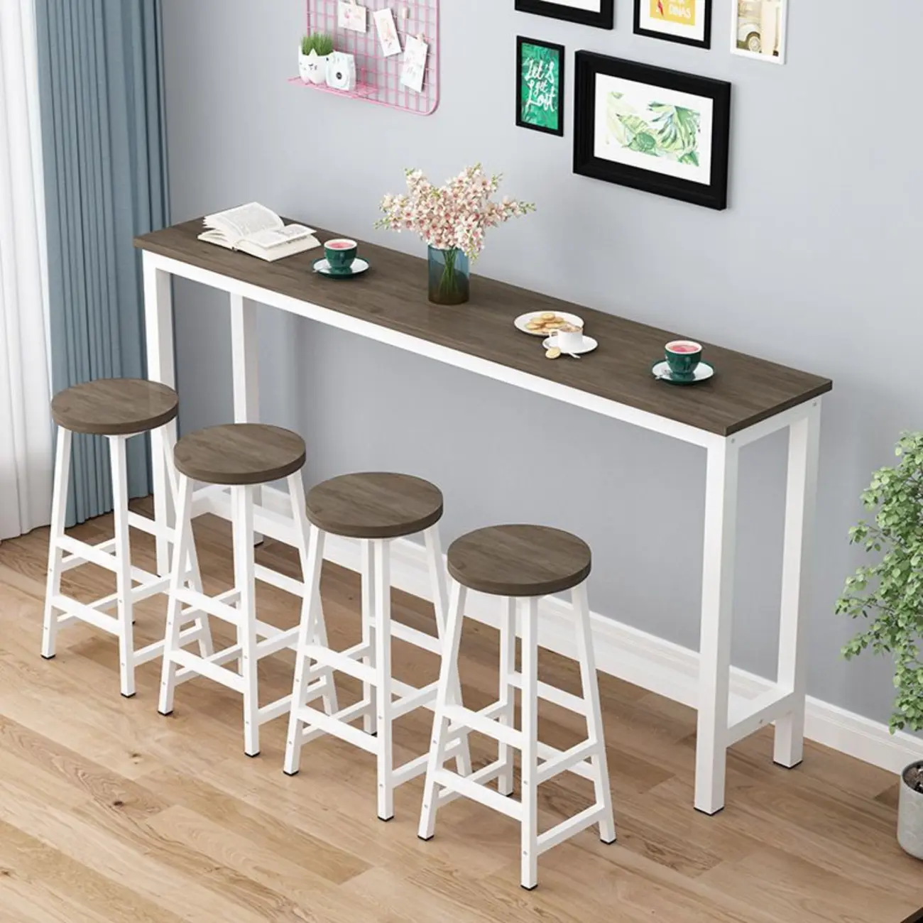 Grey Rectangle Wood Metal Footrest Bar Tables