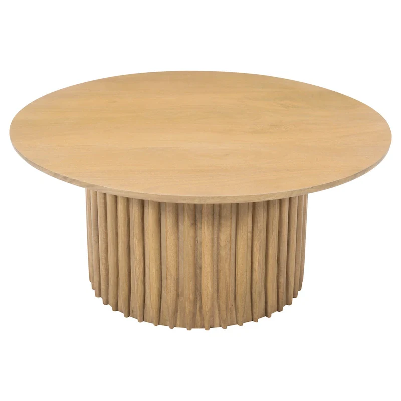 Sejo Coffee Table, 34 Inch Round Top with Fluted Base in Natural Brown Mango Wood