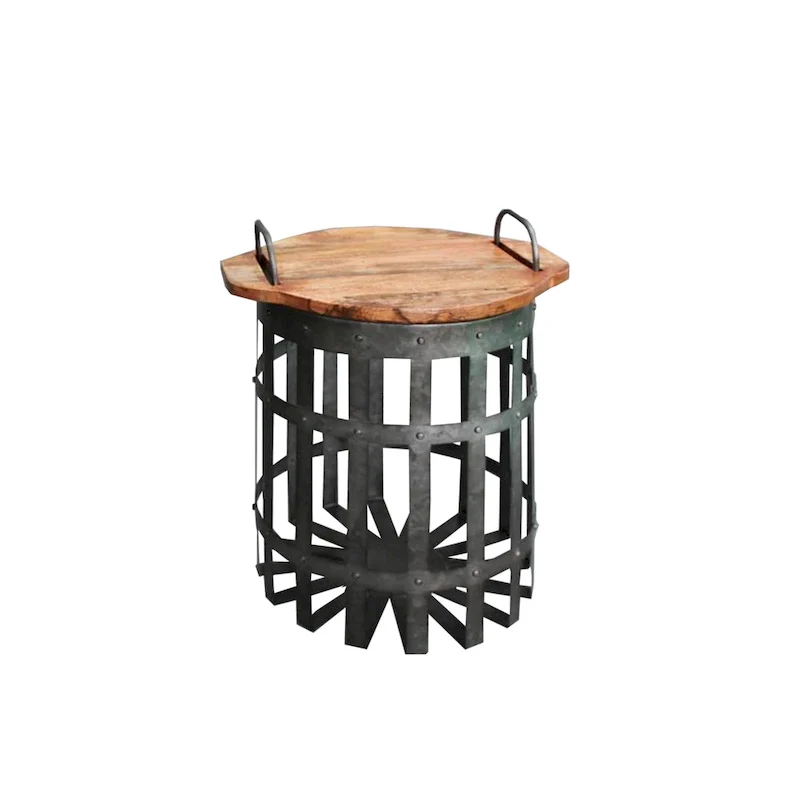 Industrial Grid Galvanized Accent End Table with Round Lid and Handles, Set of 2, Gray and Brown