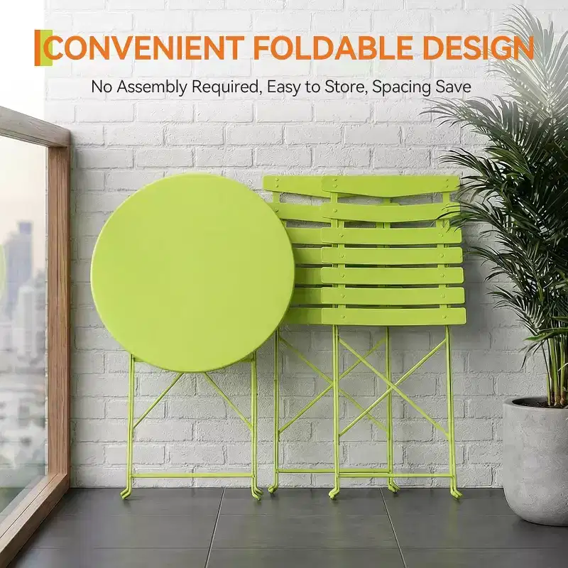 GustoWave 3-Piece Foldable Metal Bistro Set With Round Table, 2 Chairs