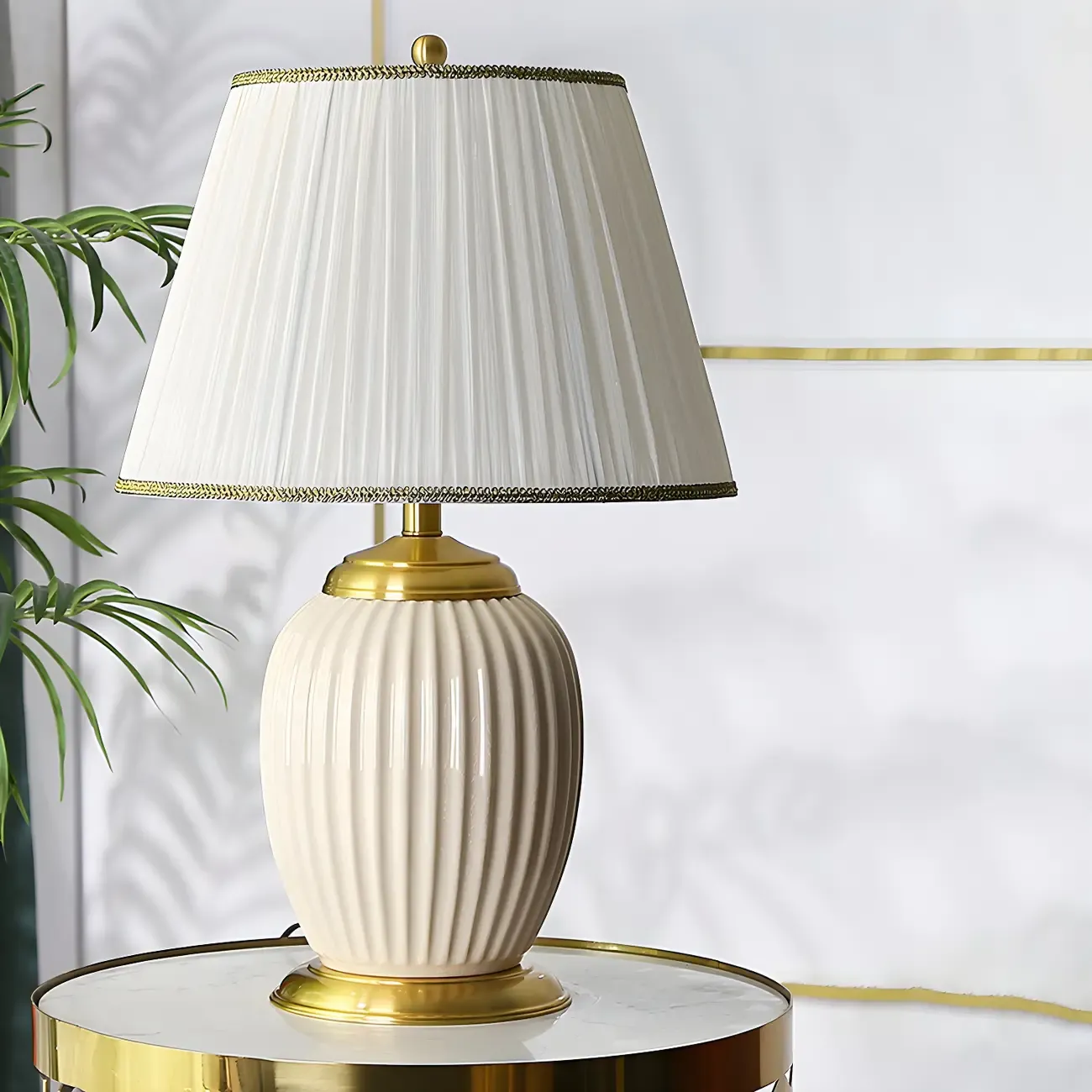 Plug-In Elegant Ceramic LED Table Lamp with Fabric Shade
