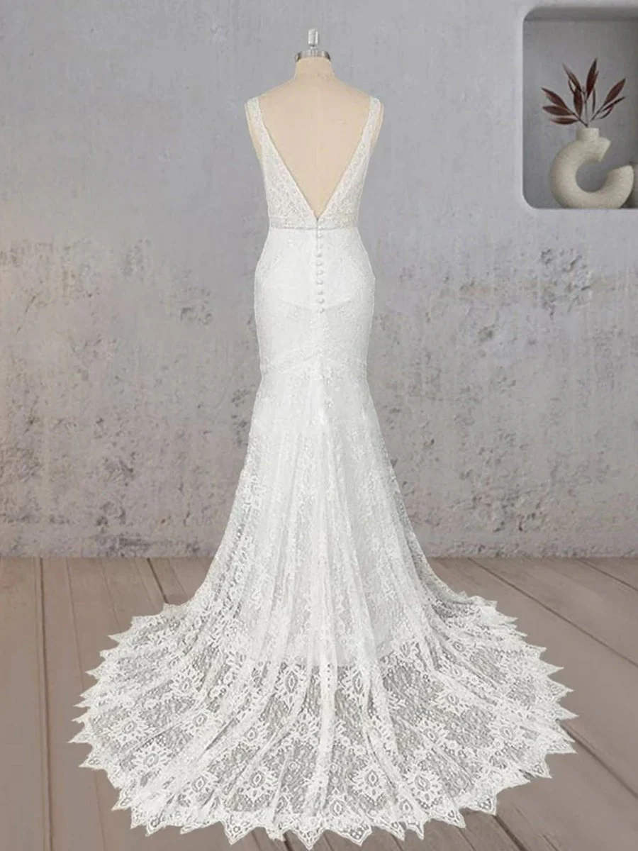Mermaid White V Neck Illusion Wedding Dress