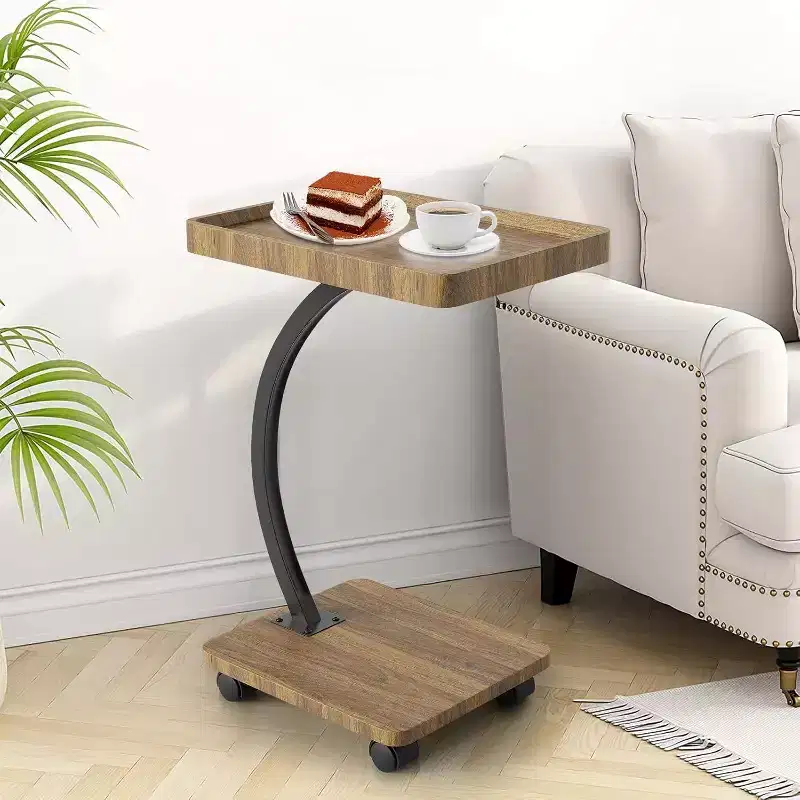 Acekool C-Shaped End Table with Rolling Wheels, 2-Tier Storage Side Table, Compact TV Tray Table for Living Room, Bedroom, Walnut Finish