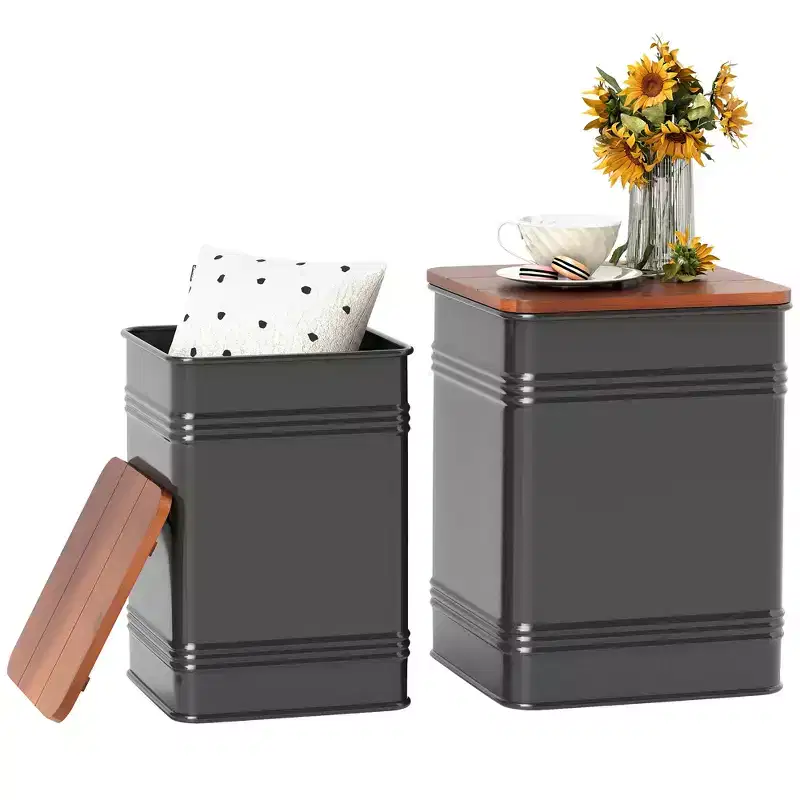HOMCOM Ottoman with Storage Set of 2, Industrial Nesting Ottoman Stool with Removable Lid and Metal Frame, Side Table for Living Room, Black