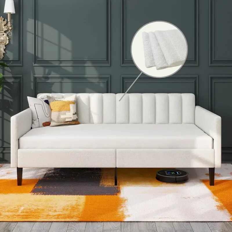 Ivory Boucle Upholstered Twin Daybed with Ribbed Tufted Backrest and Metal Frame – 1-Person