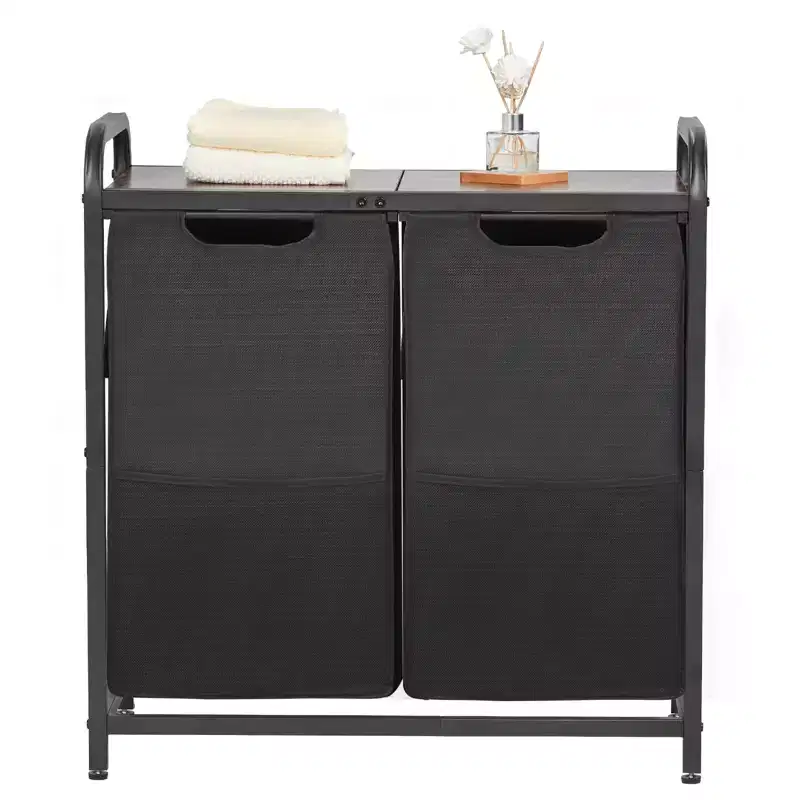 VEVOR 2 Section Laundry Sorter, Large Laundry Hamper with Metal Frame and Wooden Tabletop, Freestanding Storage Organizer Baskets, Black