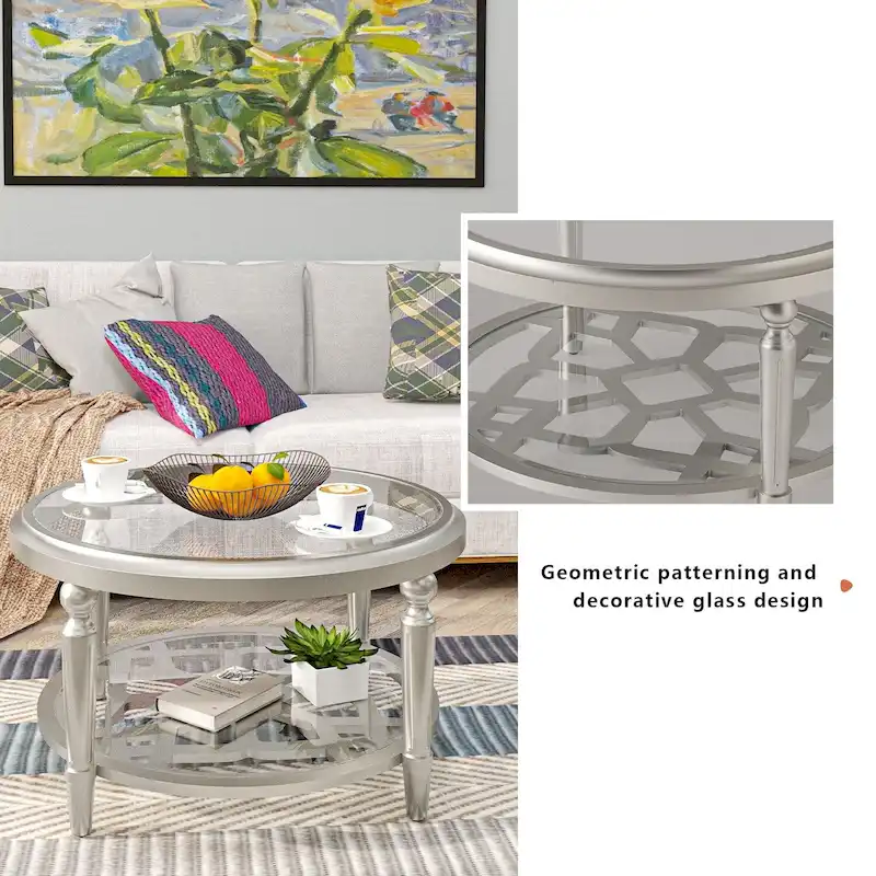 COSIEST Champagne Round Solid Wood Tempered Glass Coffee Table