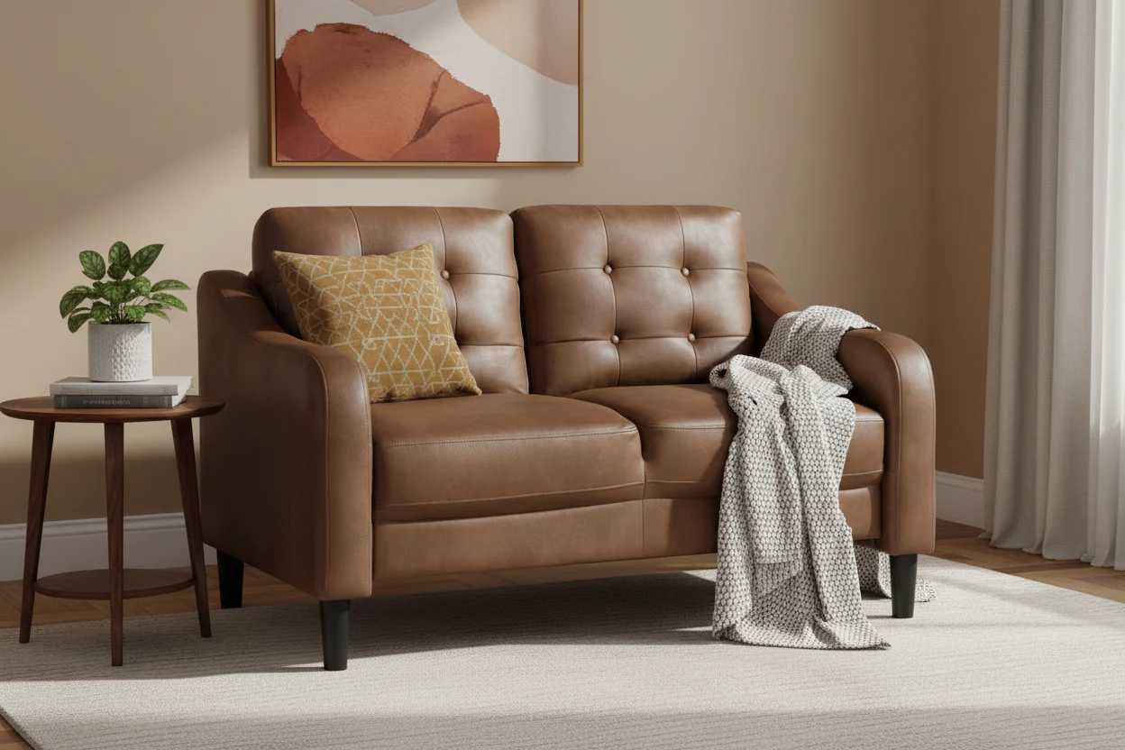 Orry 55 Inch Loveseat, Tufted Back, Brown Microfiber, Black Solid Wood
