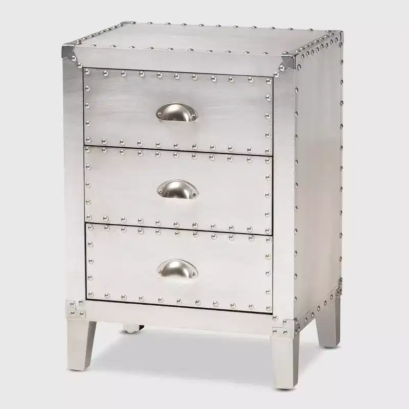 Claude Metal 3 Drawer Nightstand Silver - Baxton Studio: Vintage-Inspired, Rivet Detail, Fully Assembled