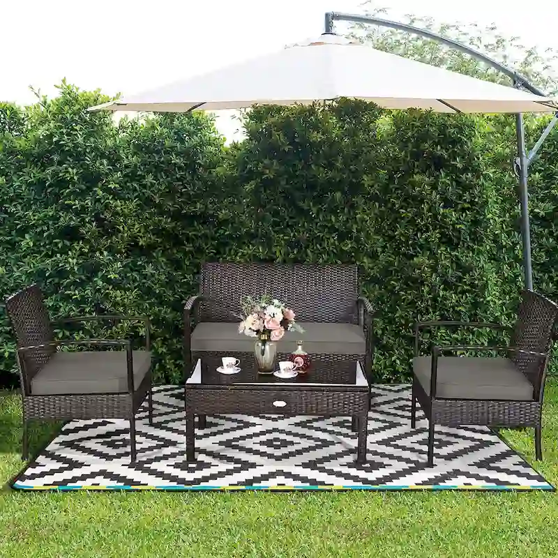Costway 4PCS Patio Rattan Wicker Furniture Set Loveseat Sofa Cushioned